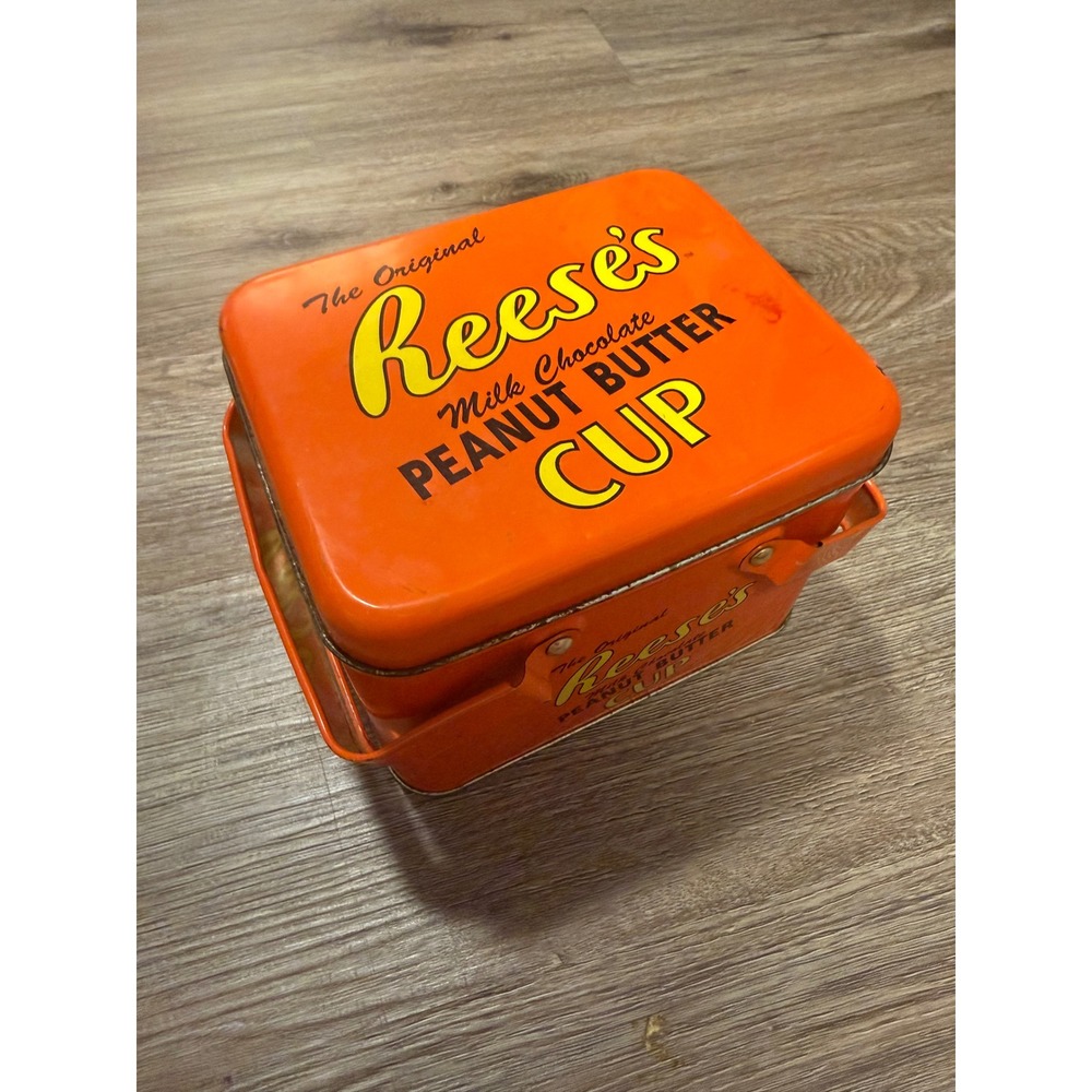 Reeses Peanut Butter Cup Collectible Metal Tin Storage Box Orange Vintage